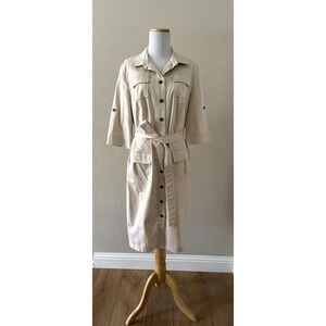 Basler Dress 40 US 10/12 Short-Sleeve Shirtdress Cream Cotton Button-Up Belt